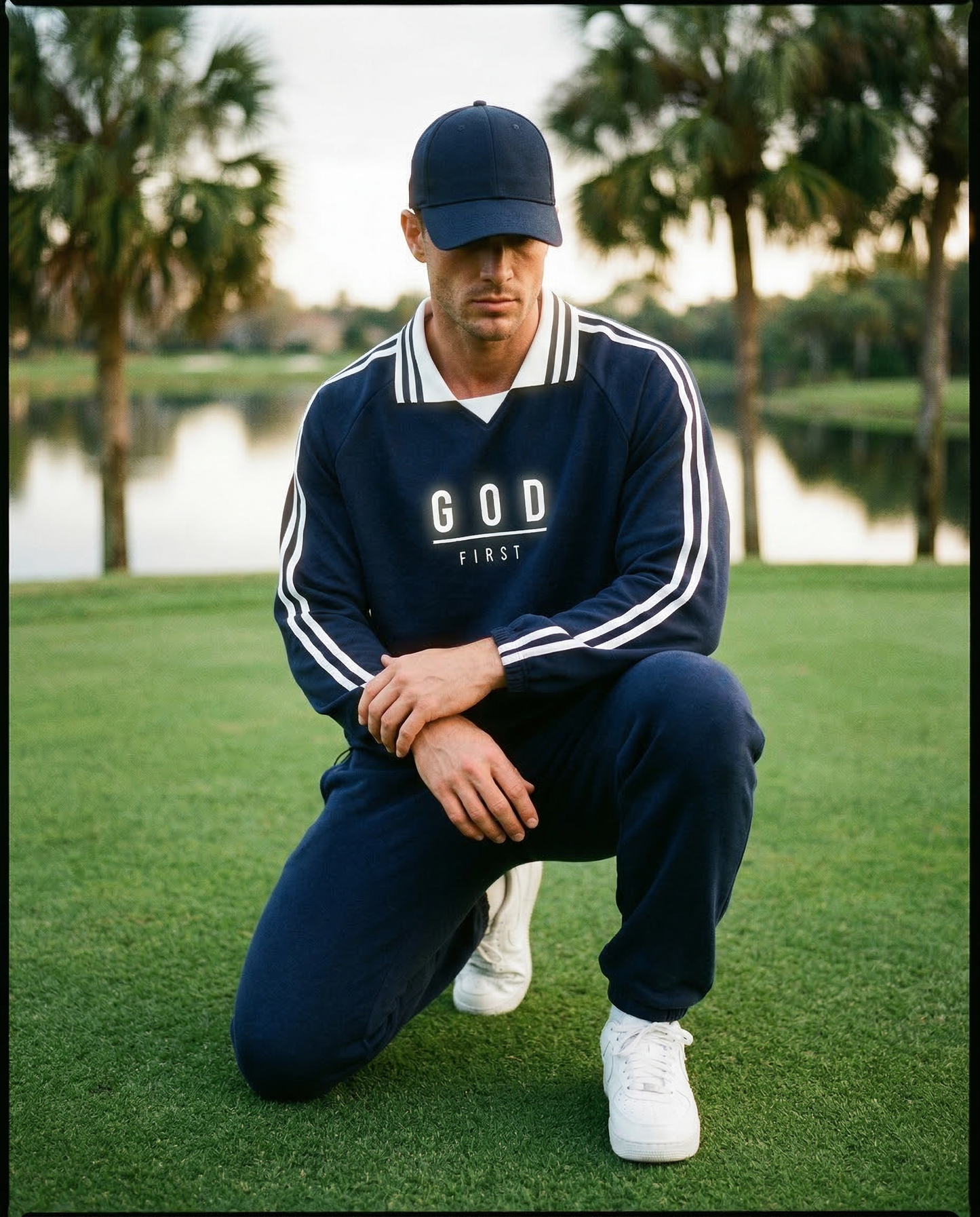 God First - Contrast Striped Lapel Collar Sweatshirt