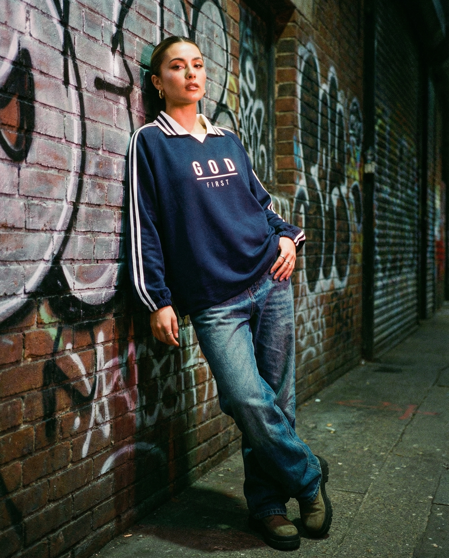 God First - Contrast Striped Lapel Collar Sweatshirt